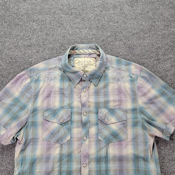 Guess Shirt Mens Medium Purple Blue Plaid Short Sleeve Western Pearl‎ Snap Rodeo - Picture 2 of 10